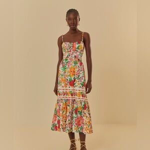 NWOT Farm Rio White Floral Sketch Midi Dress